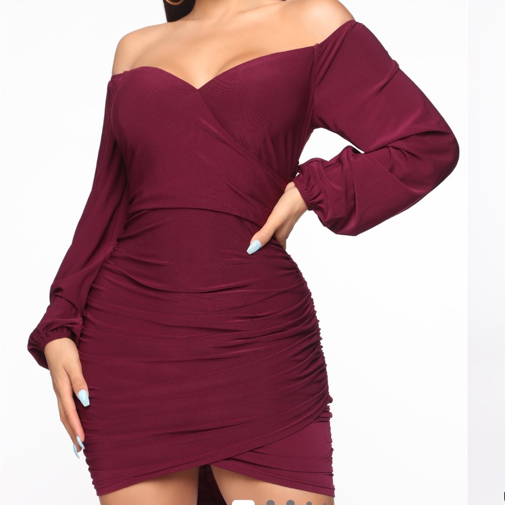 Fashion Nova Off the Shoulder Plum Ruched Mini Dress